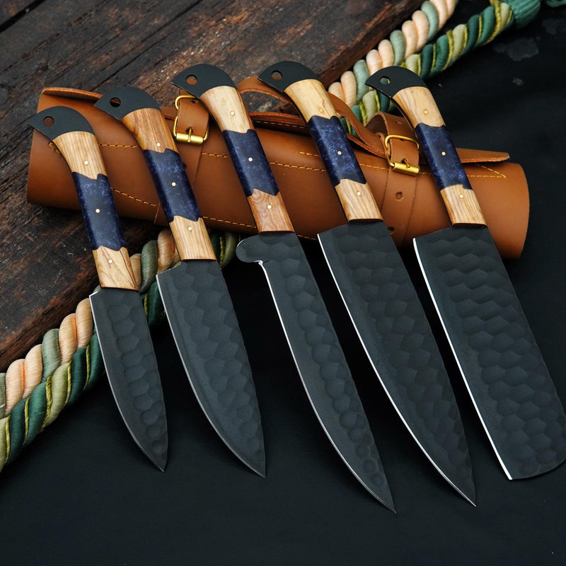 Ferossa Blackhammer Artisan Carbon Steel Chef Knife Set – 5 Piece (Handmade)