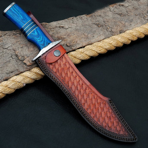 Ferossa Blue Phantom Damascus Bowie Knife – 13” Handmade