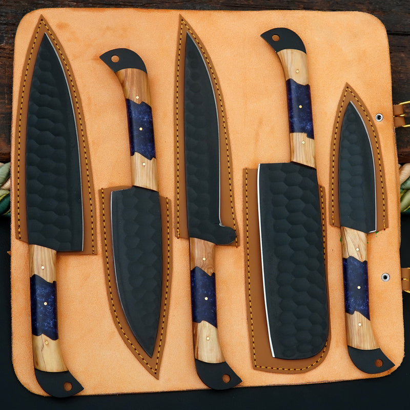 Ferossa Blackhammer Artisan Carbon Steel Chef Knife Set – 5 Piece (Handmade)