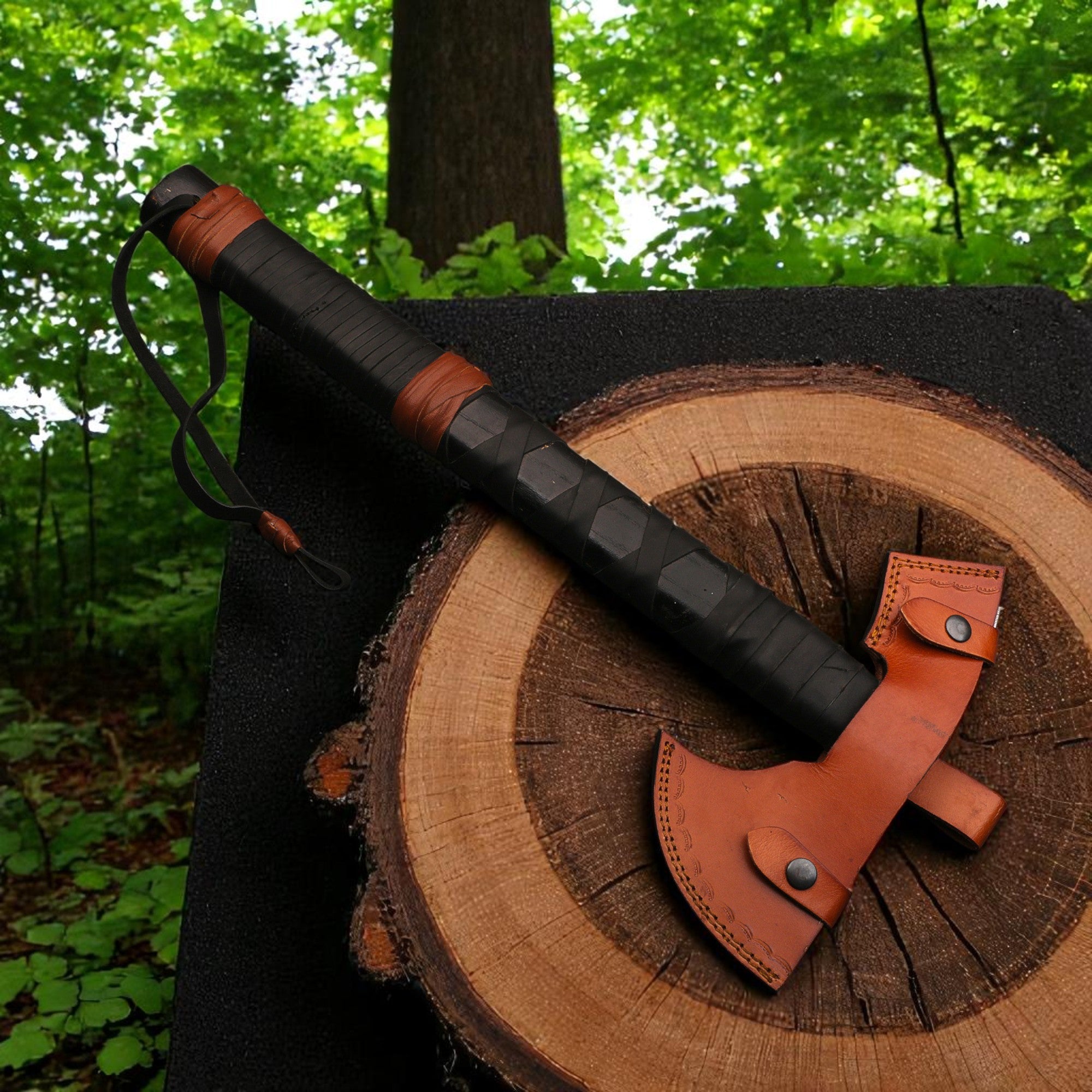 Axes with leather sheaths on a wooden log in a forest setting