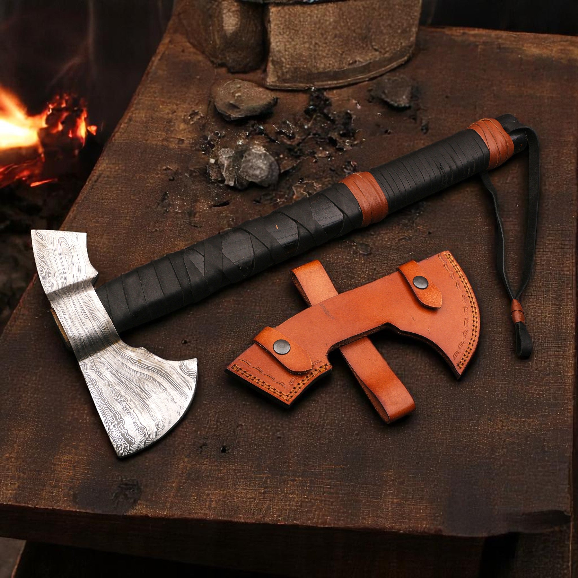 Ferossa Ironforge Damascus Camp Axe – Handmade