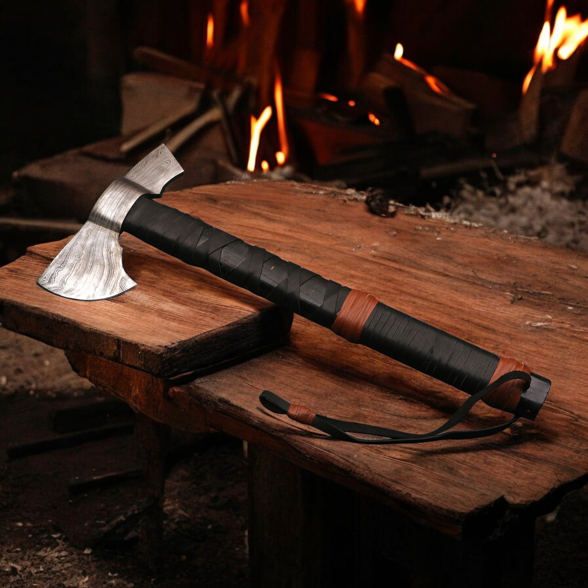Wooden axe handle with leather grip on a wooden surface in front of a fire.
