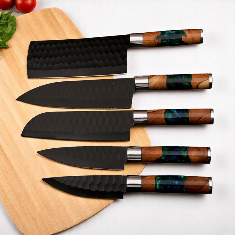 Ferossa Oceanforge Artisan Carbon Steel Chef Knife Set – 5 Piece (Handmade)