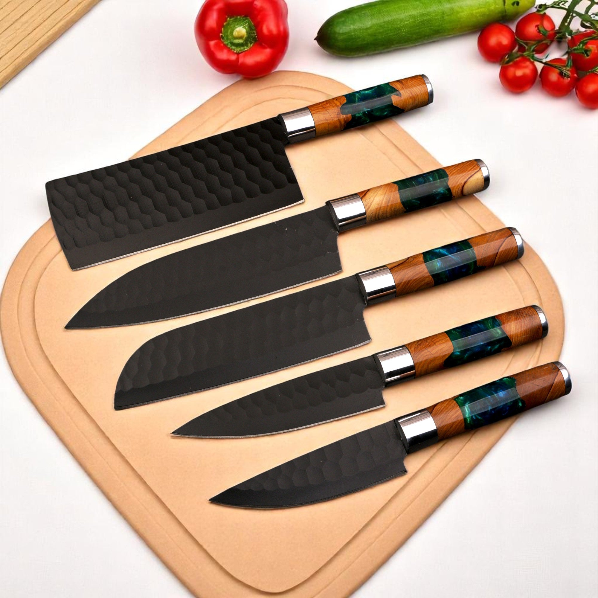 Ferossa Oceanforge Artisan Carbon Steel Chef Knife Set – 5 Piece (Handmade)